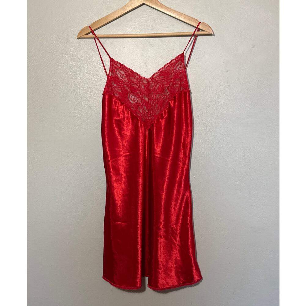 Women's Size Medium Vintage Red Val Mode Lingerie Slip Dress Lace Made in USA